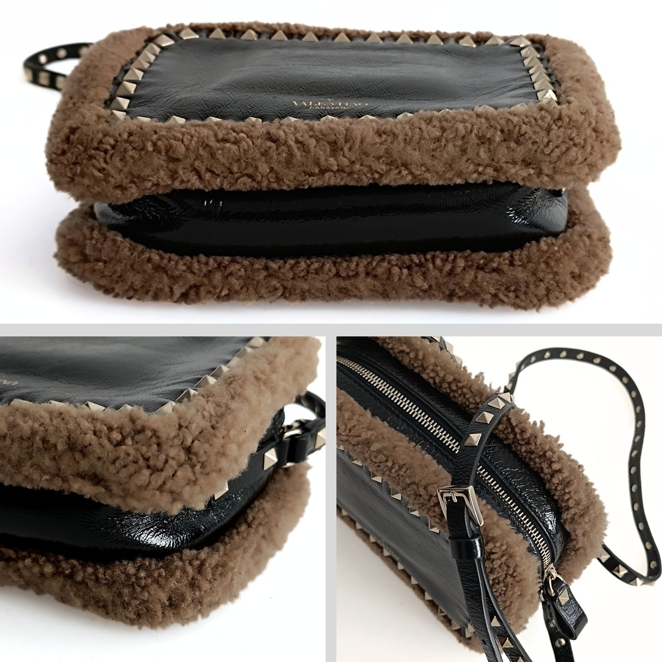 Valentino Garavani Rockstud borsa a tracolla shearling in vernice nera