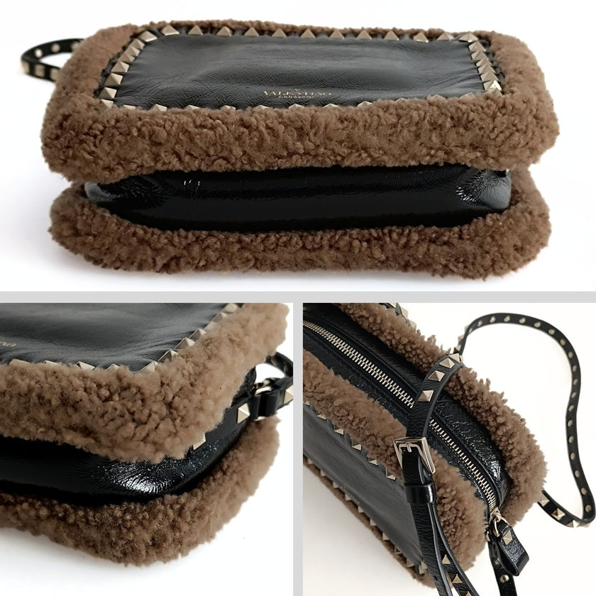 Valentino Garavani Rockstud borsa a tracolla shearling in vernice nera