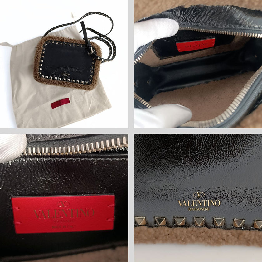 Valentino Garavani Rockstud borsa a tracolla shearling in vernice nera