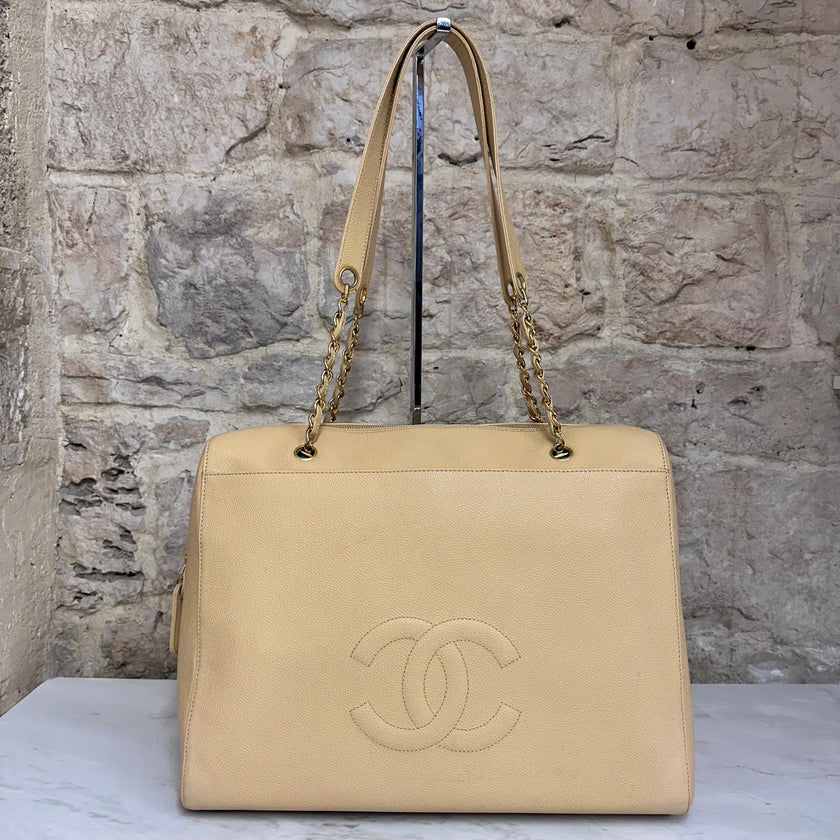 Chanel Maxi Borsa a Spalla Anni ’90 in Pelle Caviar Beige