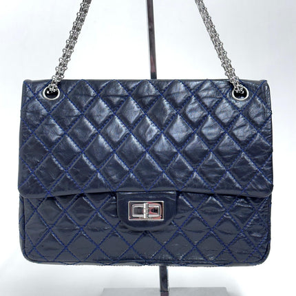 Chanel Borsa Reissue 2.55 mis. 30 in Pelle Blu Navy con Hardware Argentato