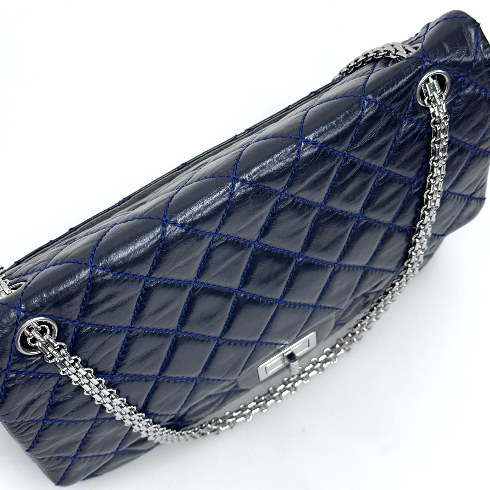 Chanel Borsa Reissue 2.55 mis. 30 in Pelle Blu Navy con Hardware Argentato