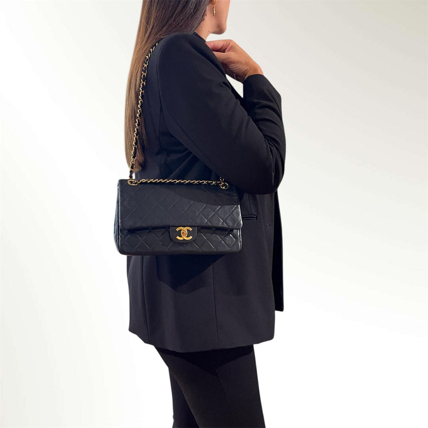 Chanel Borsa Vintage Timeless Classica 25 Doppia Patta in Pelle di Agnello Nera