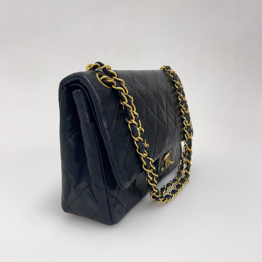 Chanel Borsa Vintage Timeless Classica 25 Doppia Patta in Pelle di Agnello Nera
