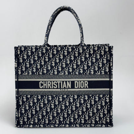 Christian Dior Borsa Book Tote Oblique Grande in Tela Blu Navy