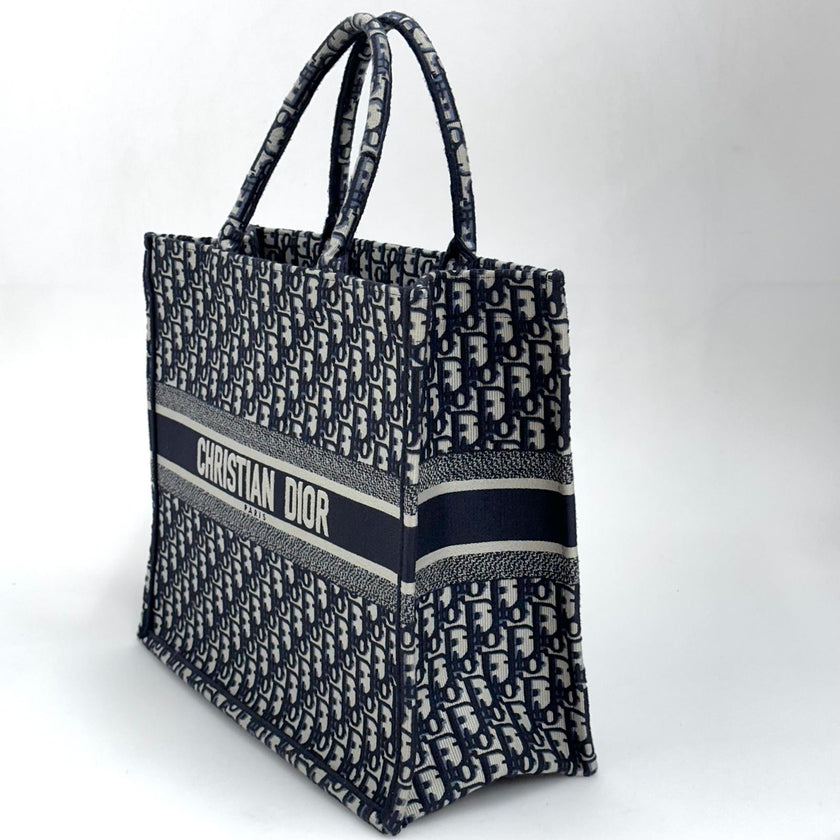 Christian Dior Borsa Book Tote Oblique Grande in Tela Blu Navy