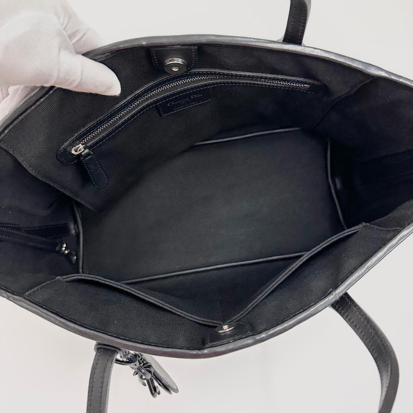 Christian Dior Panarea Tote in Tela Rivestita Cannage Nera Tono su Tono