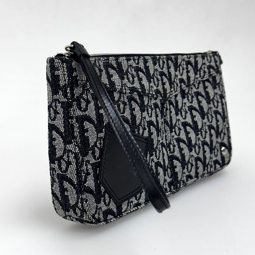 Christian Dior Pochette Trotter in Tela Monogram Blu e Pelle Nera