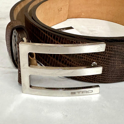 Cintura Etro Donna in Pelle Marrone Stampa Cocco con Fibbia Argento