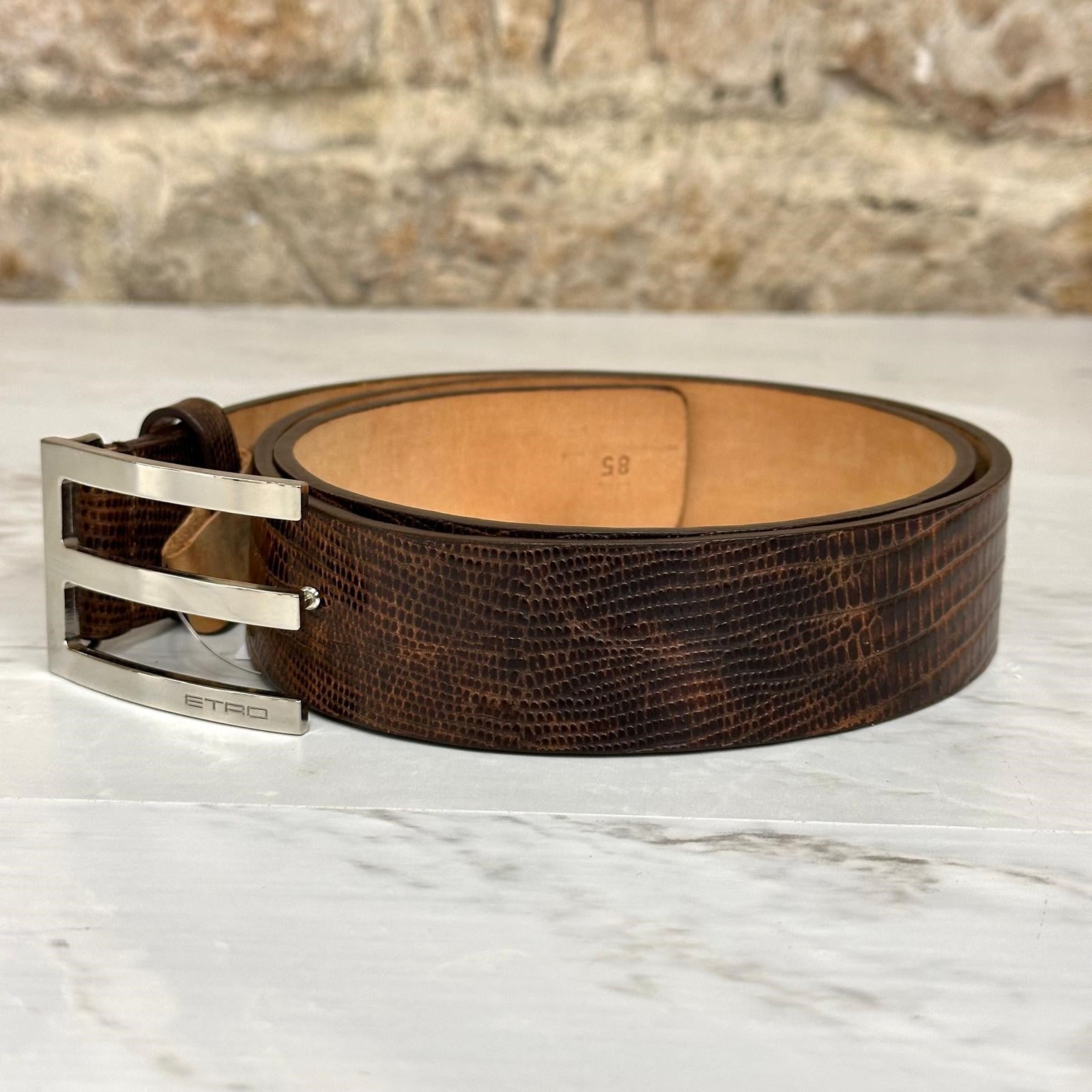 Cintura Etro Donna in Pelle Marrone Stampa Cocco con Fibbia Argento