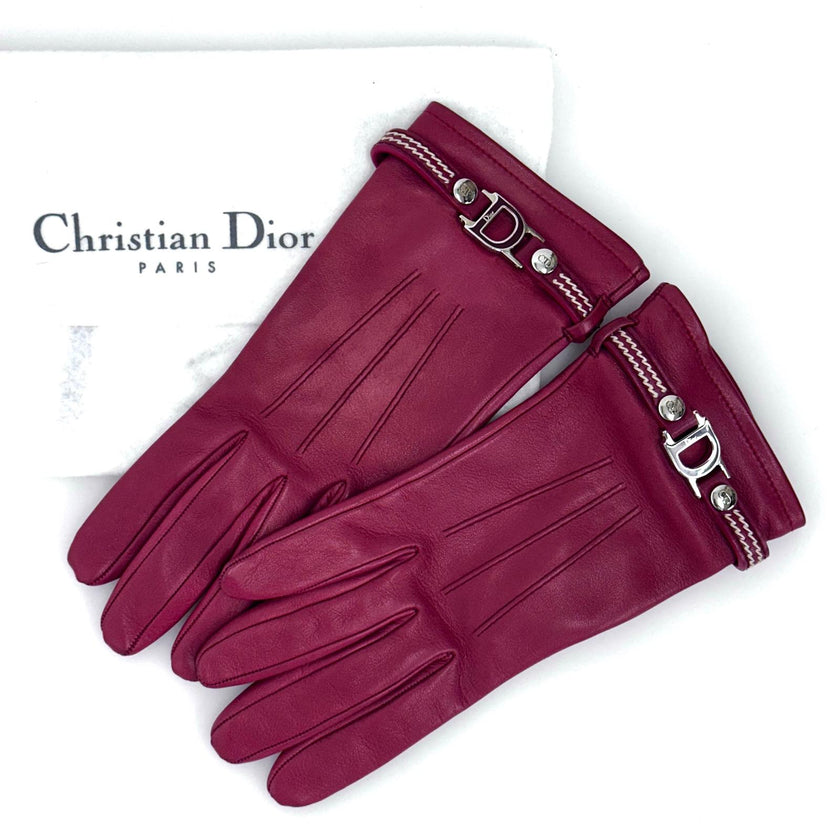 Guanti Christian Dior in pelle rossa con logo CD