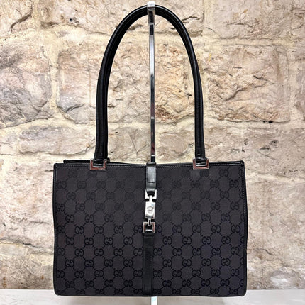 Gucci Borsa Jackie Tote Vintage a Spalla in Tessuto GG Nero e Pelle