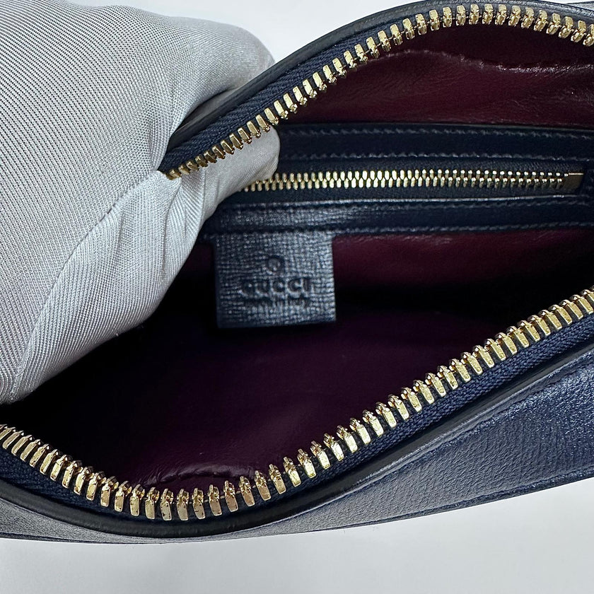 Gucci 1955 Horsebit Camera Bag a Tracolla in Canvas Beige e Pelle Blu