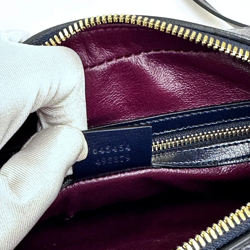 Gucci 1955 Horsebit Camera Bag a Tracolla in Canvas Beige e Pelle Blu