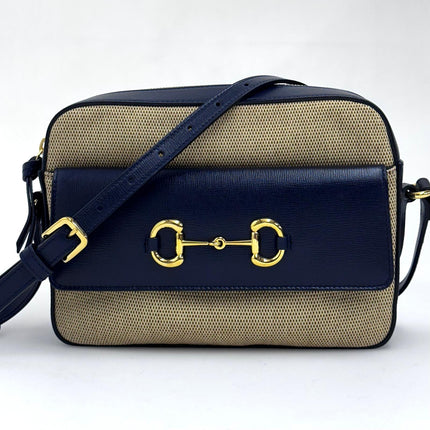 Gucci 1955 Horsebit Camera Bag a Tracolla in Canvas Beige e Pelle Blu