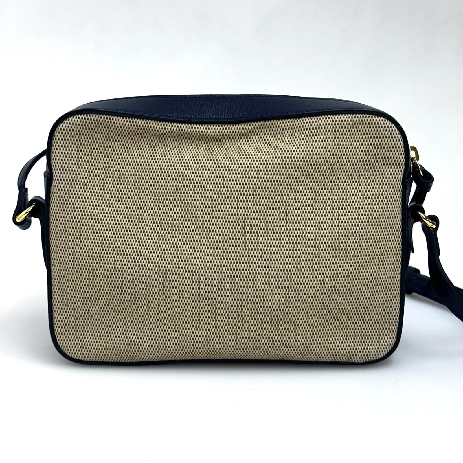 Gucci 1955 Horsebit Camera Bag a Tracolla in Canvas Beige e Pelle Blu