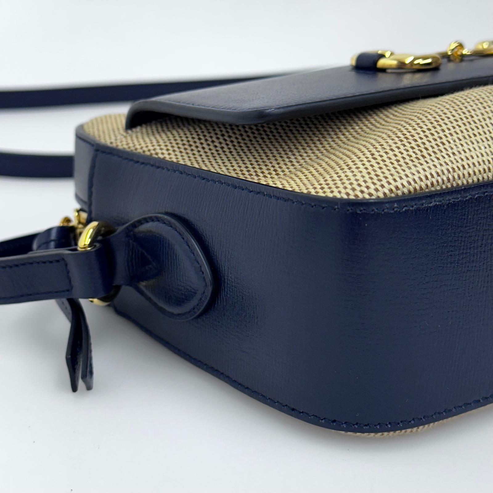 Gucci 1955 Horsebit Camera Bag a Tracolla in Canvas Beige e Pelle Blu