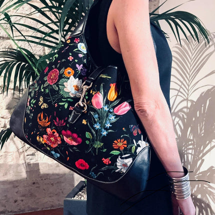 Gucci Borsa Jackie Maxi in tela Flora e pelle nera