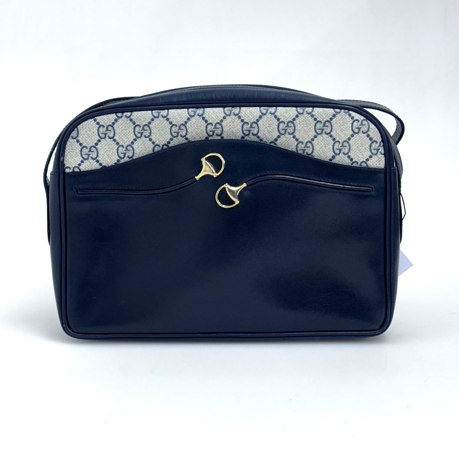 Gucci Borsa Messenger Horsebit Vintage in Tela GG Supreme e Pelle Blu