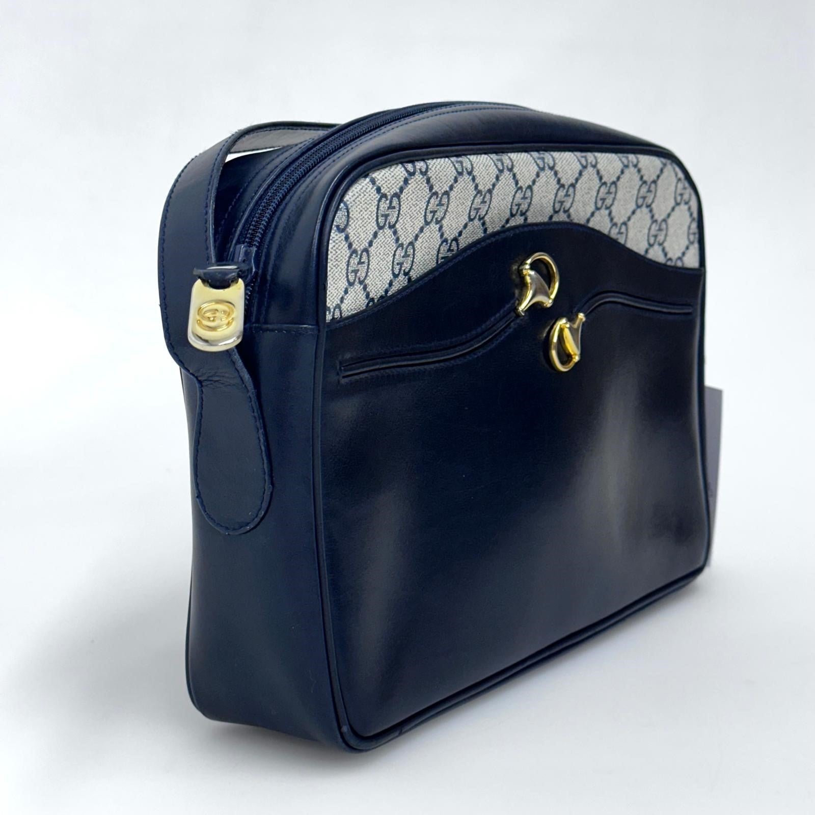 Gucci Borsa Messenger Horsebit Vintage in Tela GG Supreme e Pelle Blu