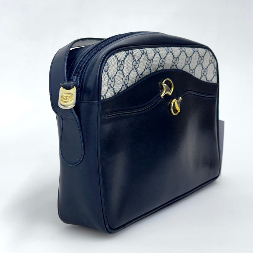 Gucci Borsa Messenger Horsebit Vintage in Tela GG Supreme e Pelle Blu
