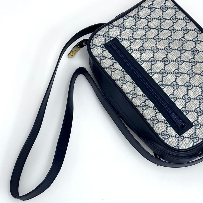 Gucci Borsa Messenger Horsebit Vintage in Tela GG Supreme e Pelle Blu