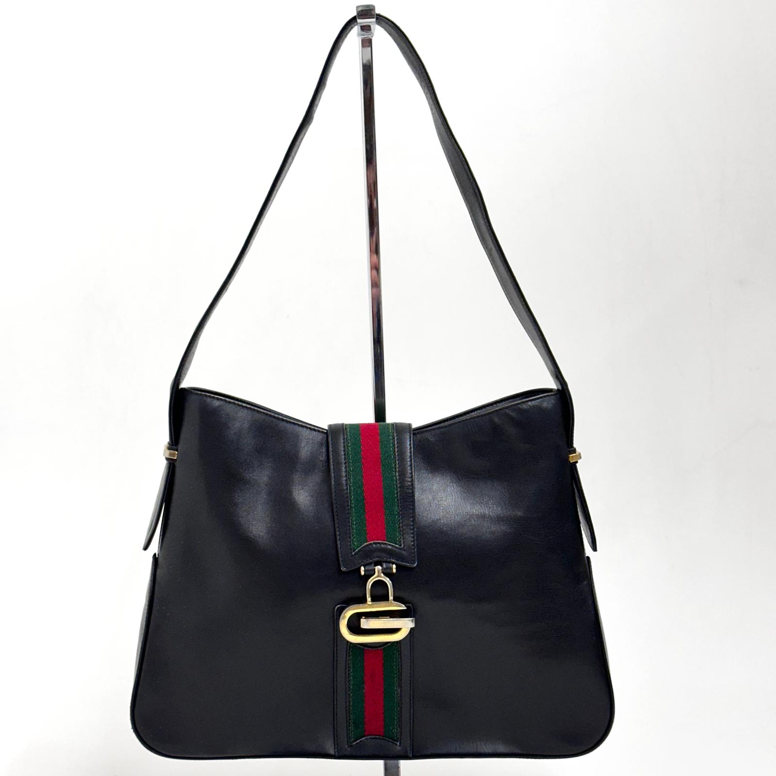 Gucci Borsa Vintage a Spalla in Pelle Nera con Fascia Web