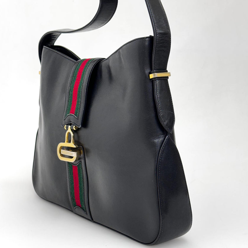 Gucci Borsa Vintage a Spalla in Pelle Nera con Fascia Web