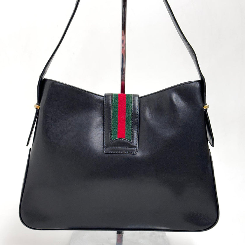 Gucci Borsa Vintage a Spalla in Pelle Nera con Fascia Web
