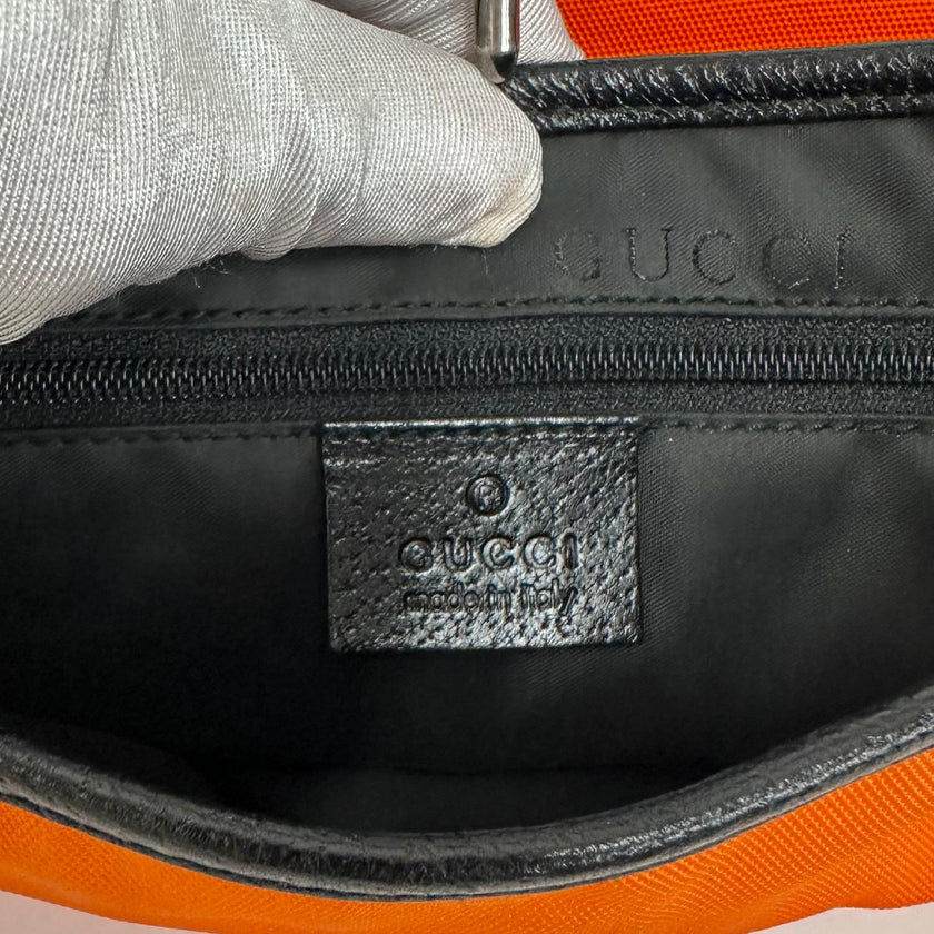 Gucci Jackie Hobo in Nylon Arancio Fluo e Pelle Nera, Finiture Silver
