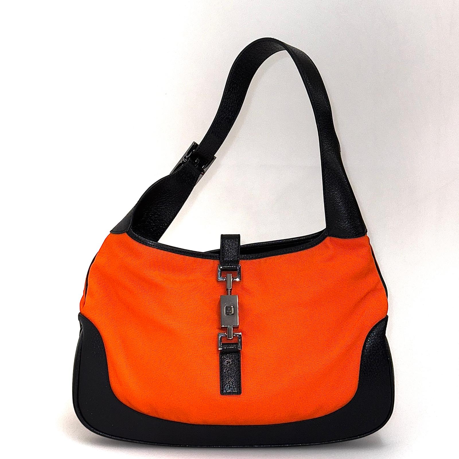 Gucci Jackie Hobo in Nylon Arancio Fluo e Pelle Nera, Finiture Silver