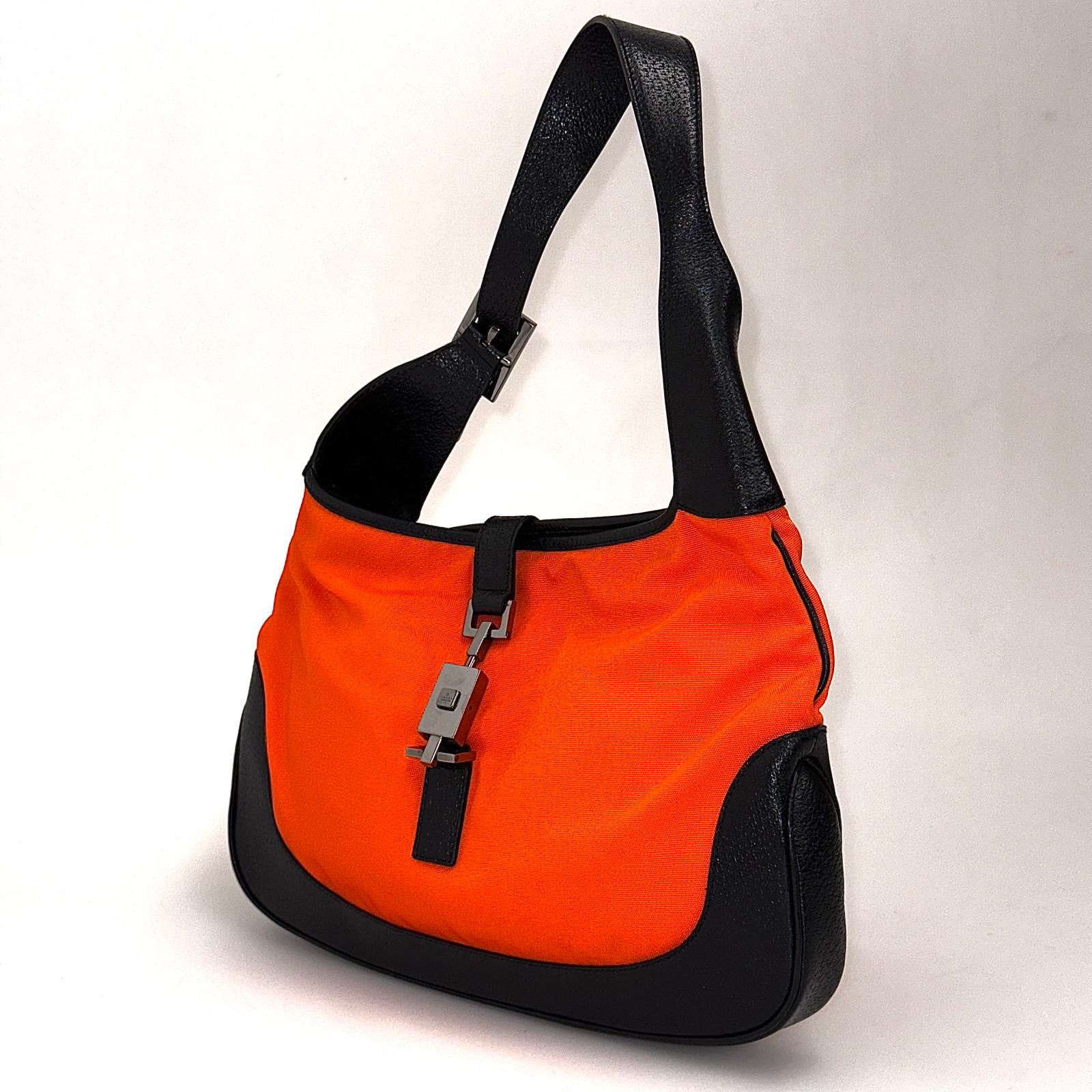 Gucci Jackie Hobo in Nylon Arancio Fluo e Pelle Nera, Finiture Silver