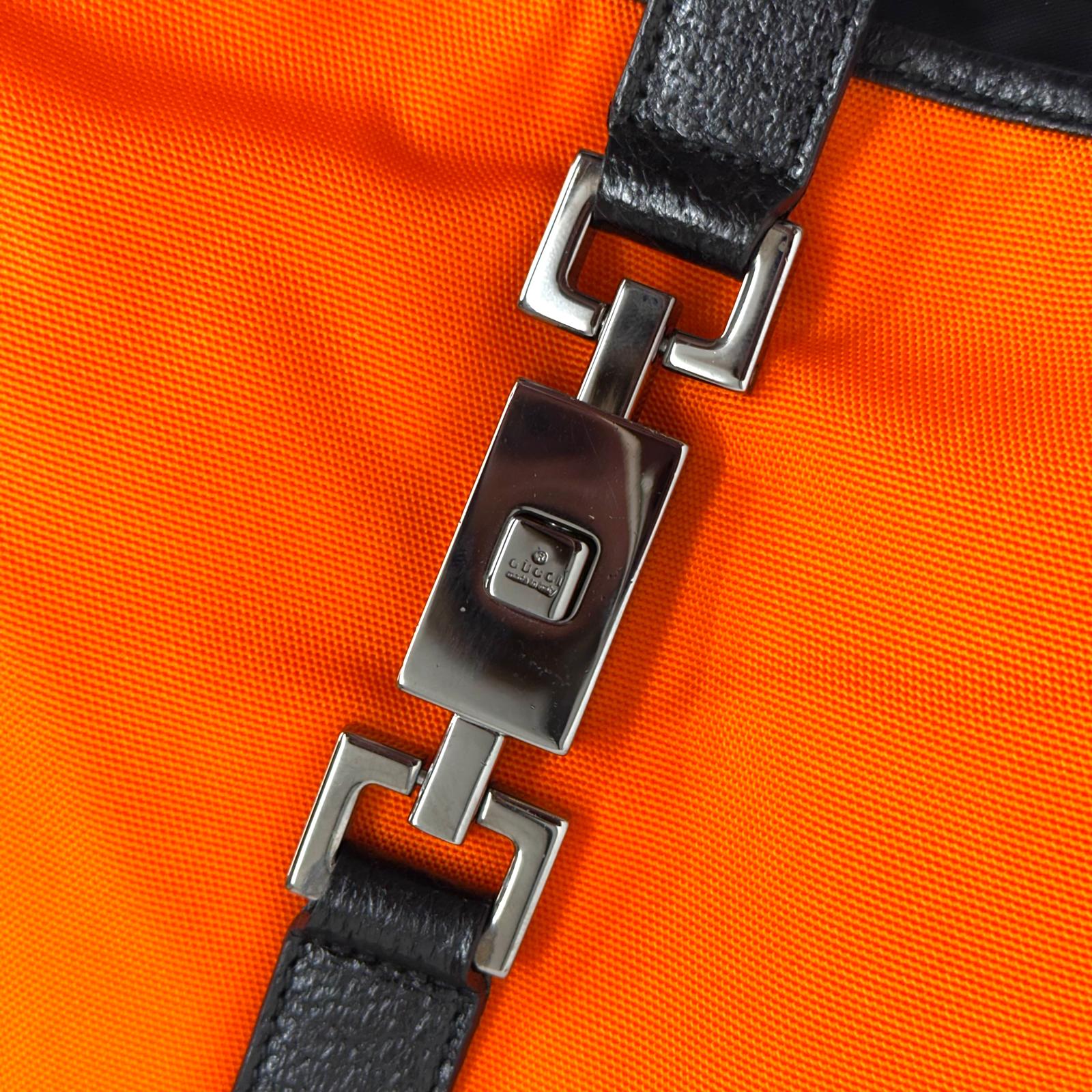 Gucci Jackie Hobo in Nylon Arancio Fluo e Pelle Nera, Finiture Silver