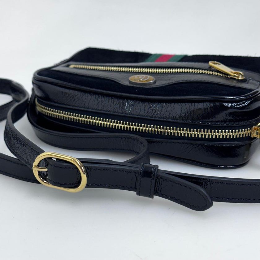 Gucci Ophidia Small Camera Bag in Camoscio Nero e Pelle Verniciata