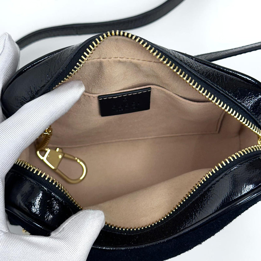 Gucci Ophidia Small Camera Bag in Camoscio Nero e Pelle Verniciata