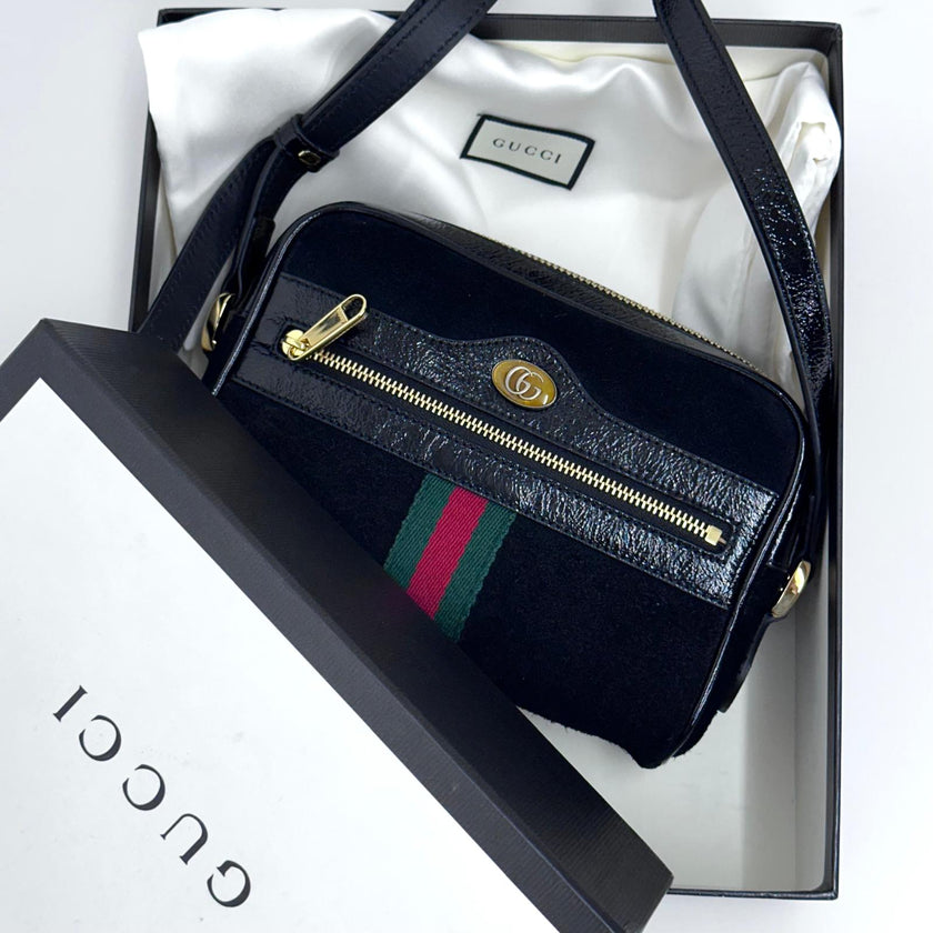 Gucci Ophidia Small Camera Bag in Camoscio Nero e Pelle Verniciata