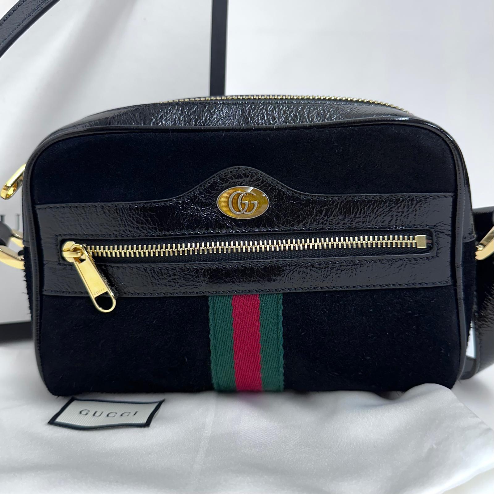 Gucci Ophidia Small Camera Bag in Camoscio Nero e Pelle Verniciata