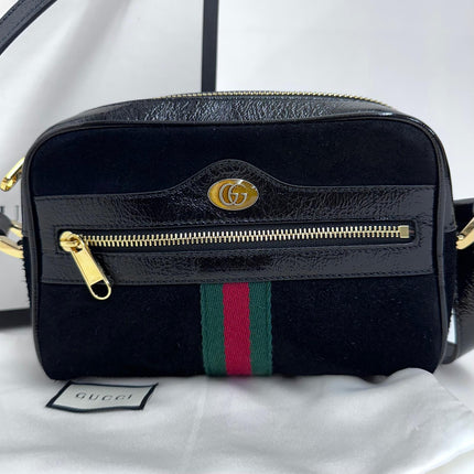 Gucci Ophidia Small Camera Bag in Camoscio Nero e Pelle Verniciata