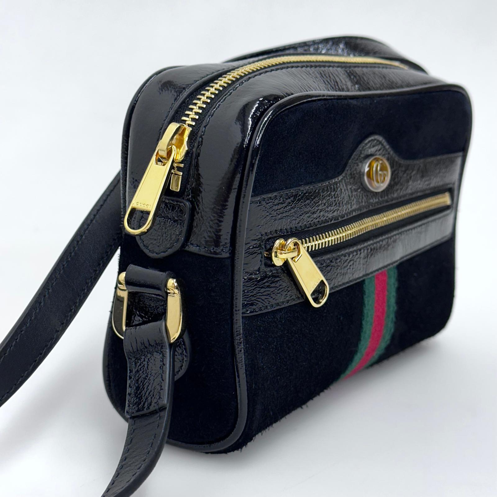 Gucci Ophidia Small Camera Bag in Camoscio Nero e Pelle Verniciata