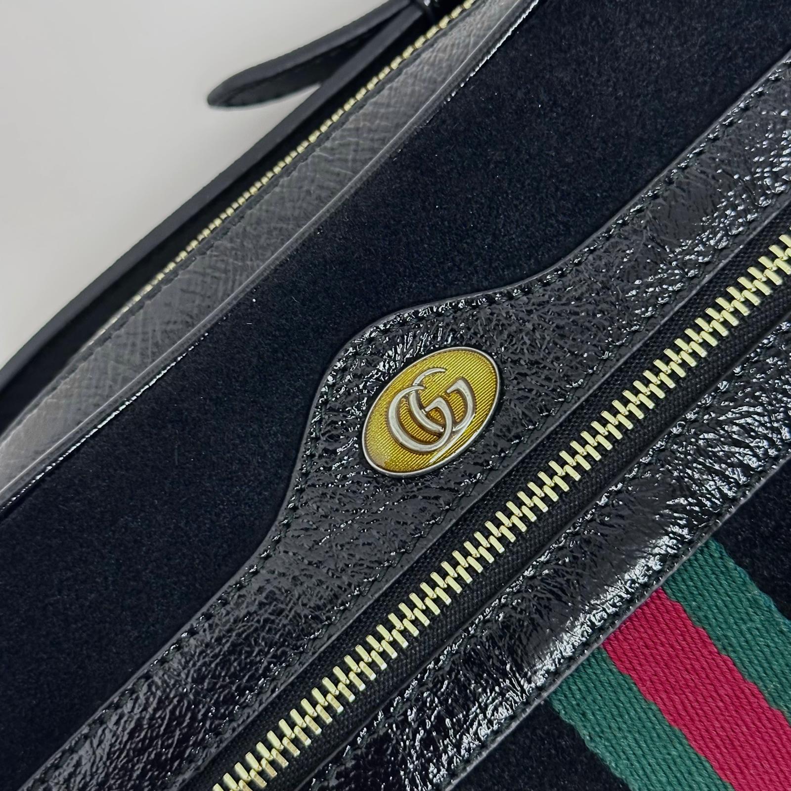 Gucci Ophidia Small Camera Bag in Camoscio Nero e Pelle Verniciata