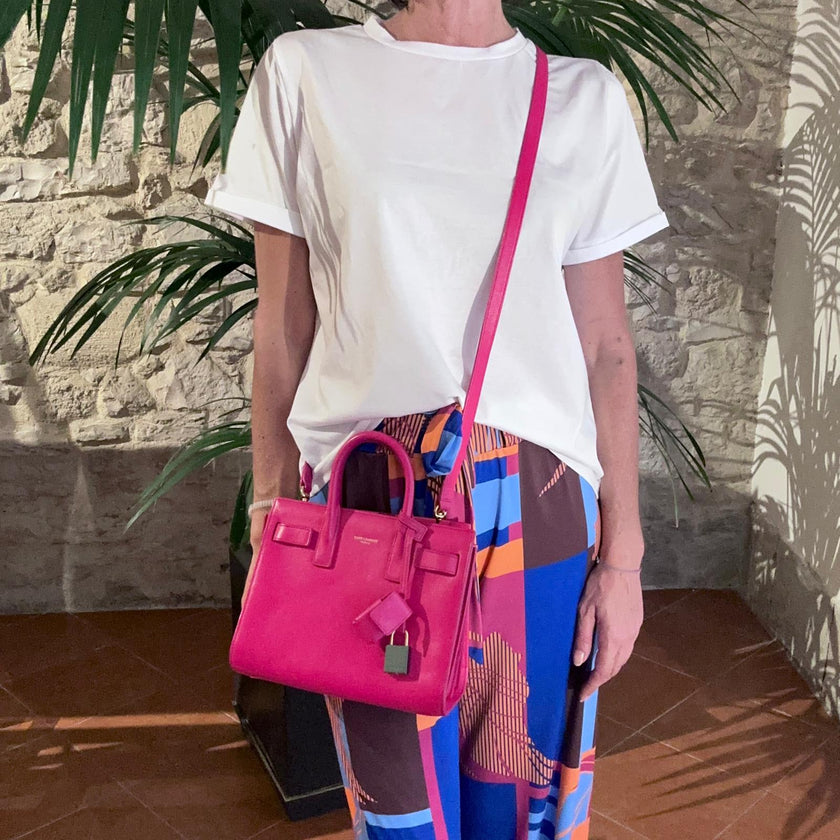 Saint Laurent Borsa Sac de Jour Nano in Pelle Fucsia