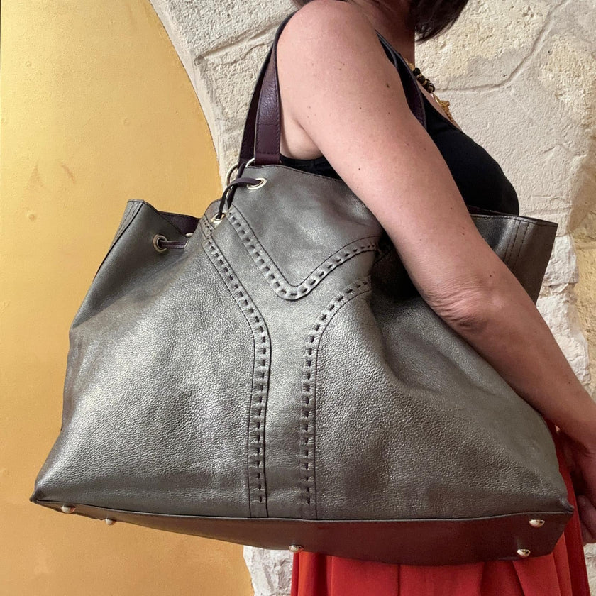 Saint Laurent Reversible Large Shopper in Pelle Viola e Argento