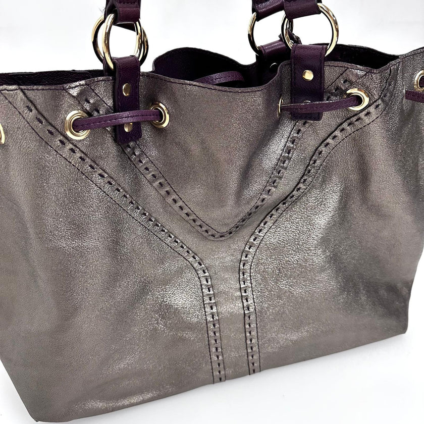 Saint Laurent Reversible Large Shopper in Pelle Viola e Argento