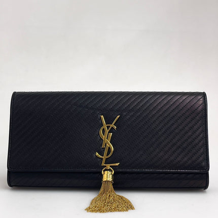 Saint Laurent borsa Pochette Kate Monogram in pelle nera con frangia