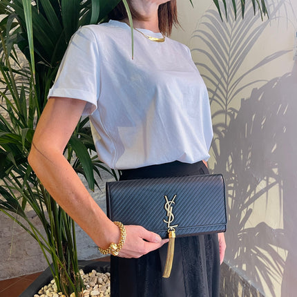 Saint Laurent borsa Pochette Kate Monogram in pelle nera con frangia