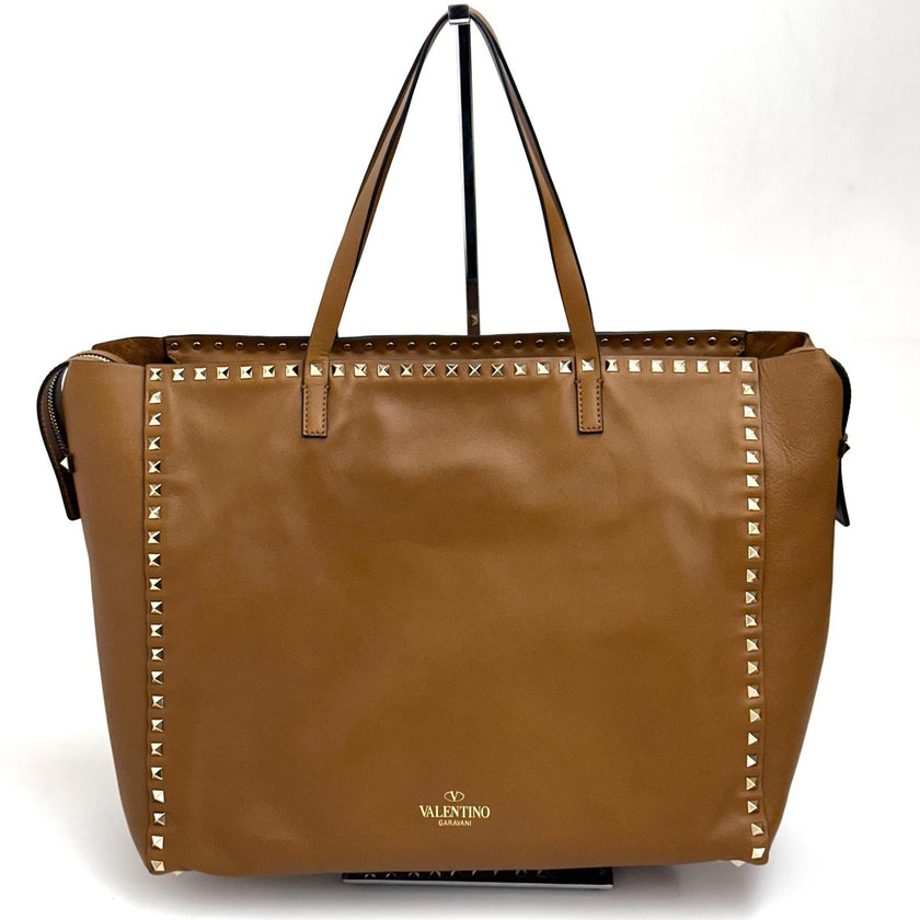 Valentino Rockstud Shopping Bag in Pelle Biscotto con Borchie