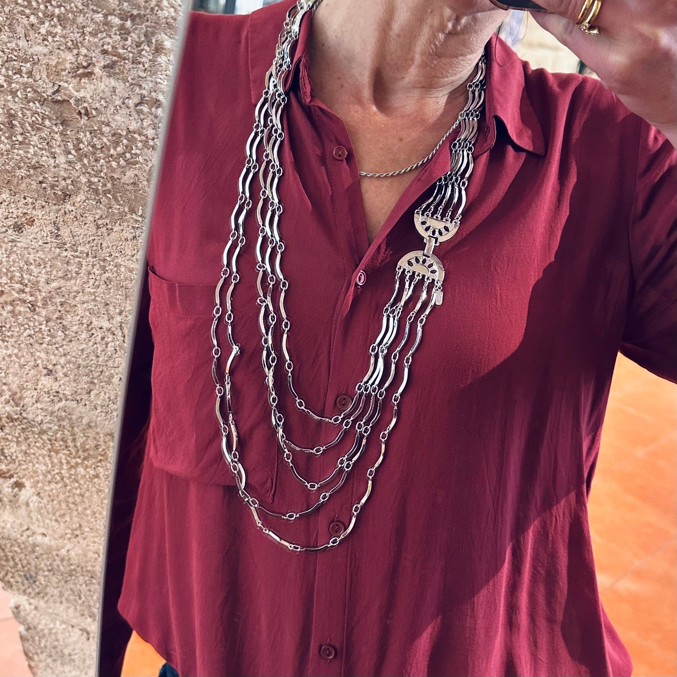 Collana Vintage Saint Laurent a Più Fili in Metallo Argento – Gioiello Statement Anni ’80