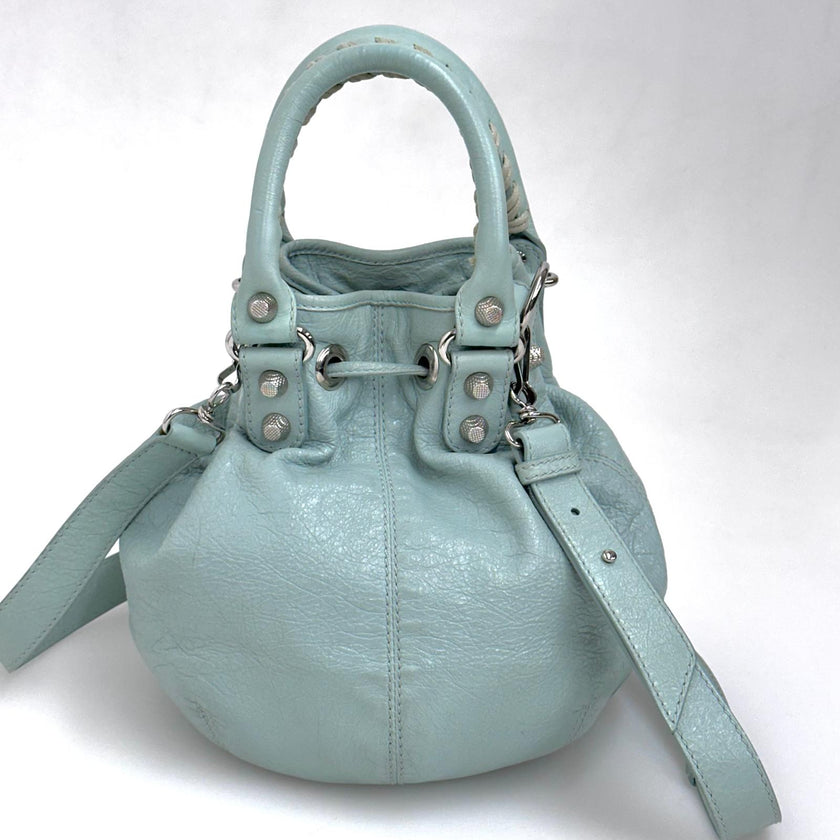 Balenciaga Borsa Pompon in pelle verde acqua