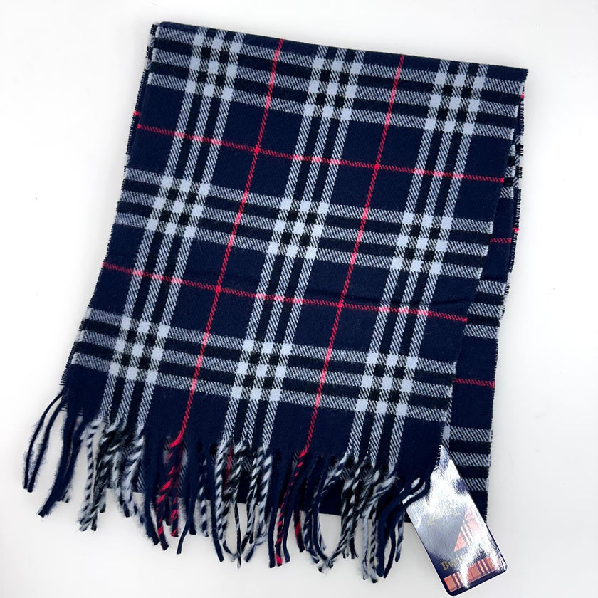 Burberry sciarpa in lana check blu con frange mai usata