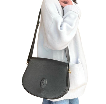 Cartier Borsa a tracolla in pelle martellata nera con logo frontale